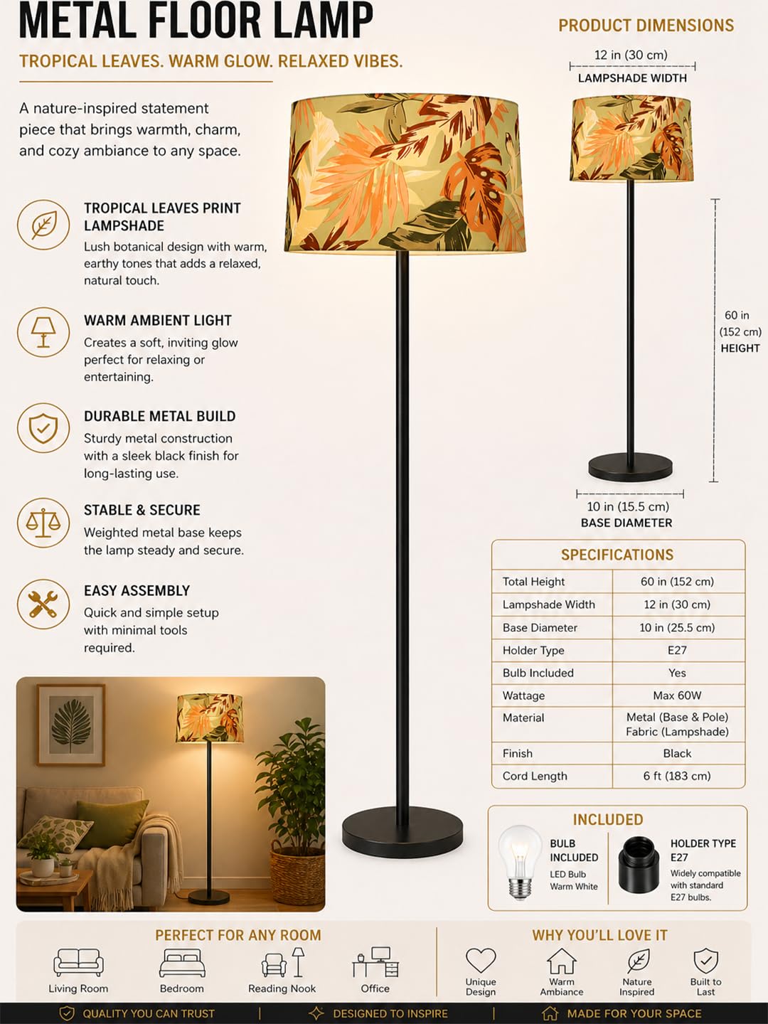 Modern Black Metal Pole Floor Lamp for Living Room, Tall Standing Lamp with Fabric Shade, Warm Ambient Lighting, Minimalist Lamp for Bedroom, Office, Reading Corner (Palm Leaf)