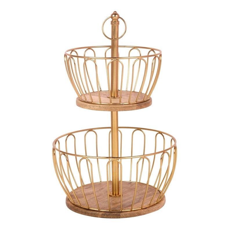 2-Tier Gold Fruit Basket with Wooden Base – Decorative Serving Stand