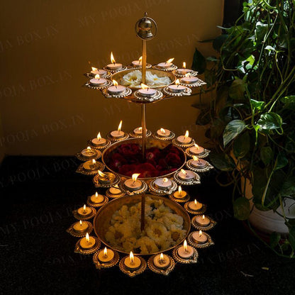 3-Tier Decorative Metal Urli Stand with Diya Holders | Luxury Festive Candle Bowl for Home Décor