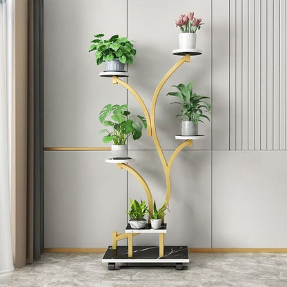 Luxury Golden Tree Design 5-Tier Metal Plant Stand | Modern Multi-Level Flower Pot Display Rack | Premium Indoor & Outdoor Plant Holder
