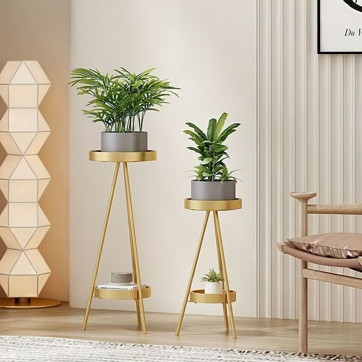Luxury 2-Tier Gold Metal Plant Stand | Modern Flower Pot Holder | Decorative Indoor Plant Display Shelf