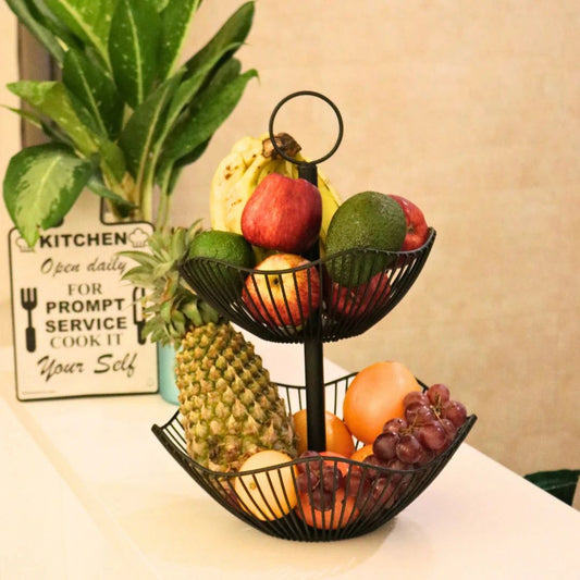 2-Tier Black Metal Fruit Basket Stand – Modern Countertop Organizer