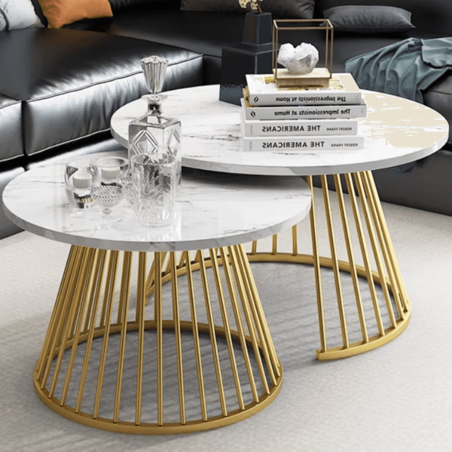 Wooden Twist Ornate Circular Design Round Coffee Table Set of 2 with Marble Top wooden-Like Finish for Modern & Elegant Living Room