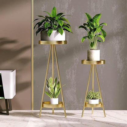 Luxury 2-Tier Gold Metal Plant Stand | Modern Flower Pot Holder | Decorative Indoor Plant Display Shelf