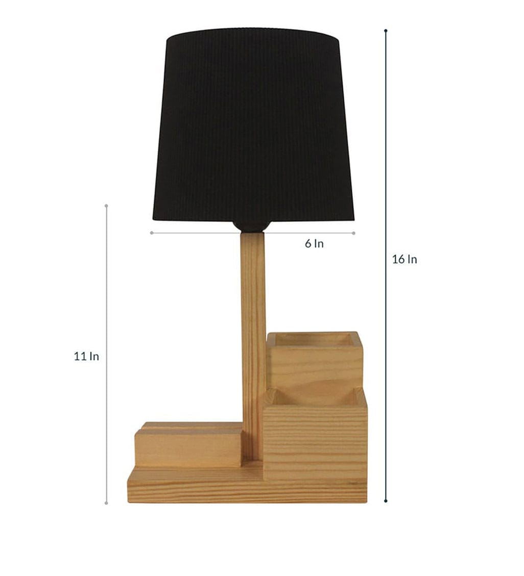 Modern Wooden Table Lamp with Organizer | Bedside Study Lamp with Pen Holder