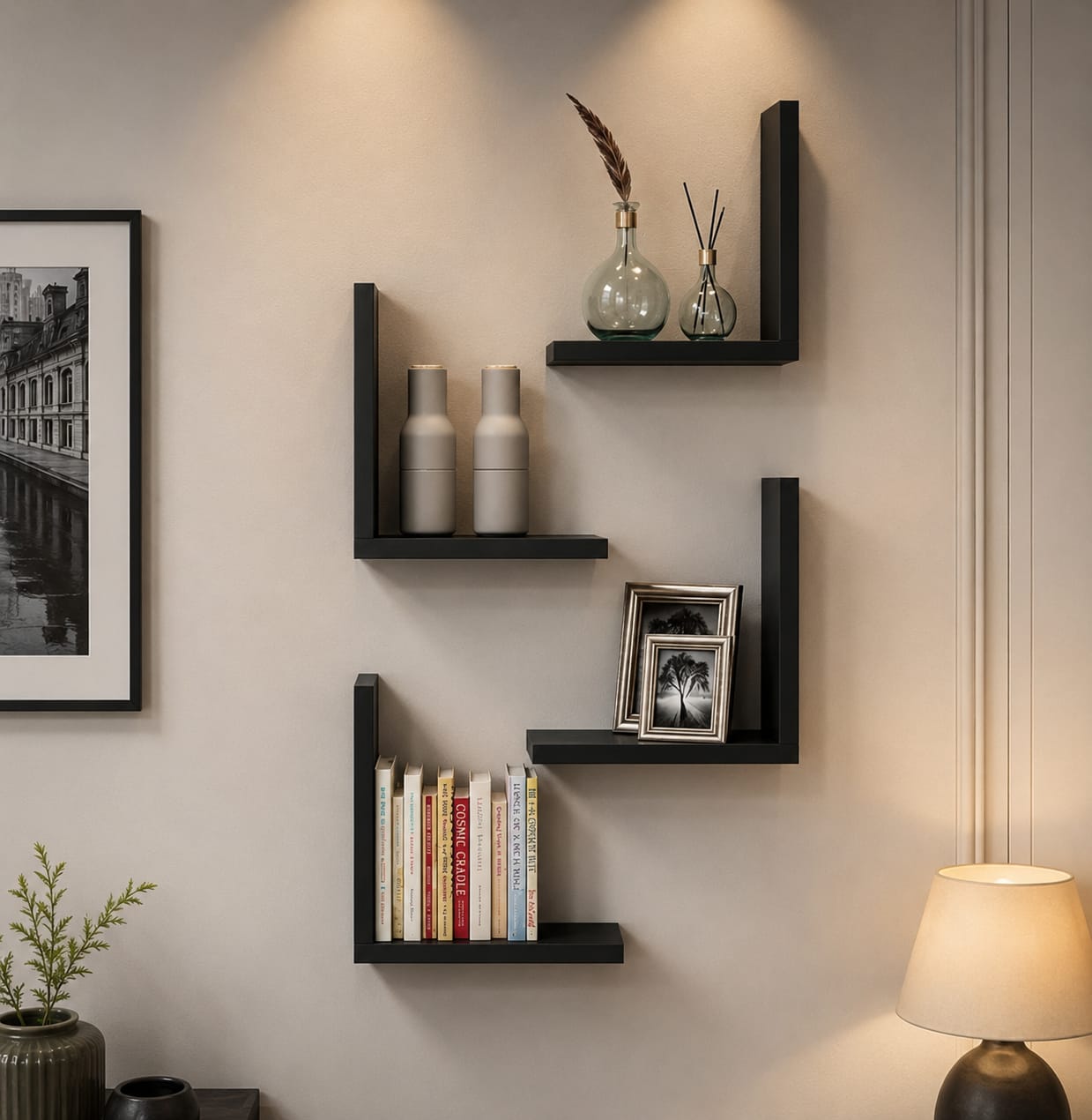 Set of 4 L-Shaped Floating Wall Shelves | MDF Wooden Corner Shelves for Living Room, Bedroom & Home Decor