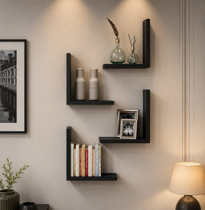 Set of 4 L-Shaped Floating Wall Shelves | MDF Wooden Corner Shelves for Living Room, Bedroom & Home Decor
