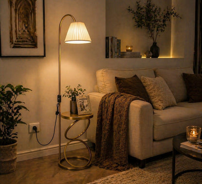 Modern Gold Floor Lamp with Table | Premium Fabric Shade | 56 Inch Standing Lamp