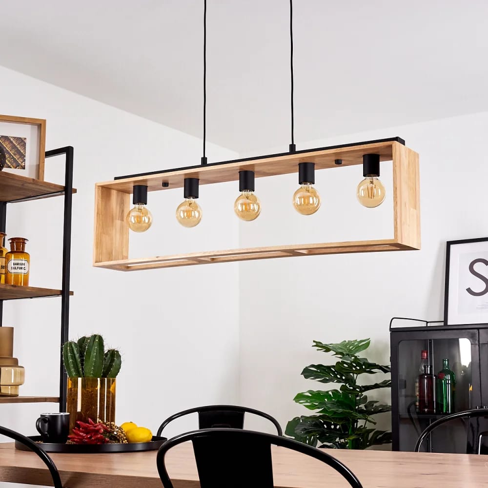 Modern Wooden 5-Light Pendant Lamp – Rustic Industrial Hanging Ceiling Light