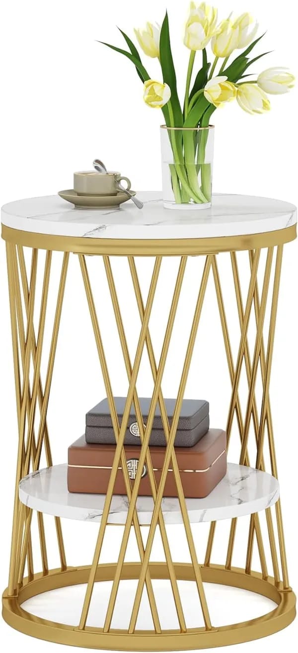 Modern Round Side Table with Marble Top & Gold Metal Frame