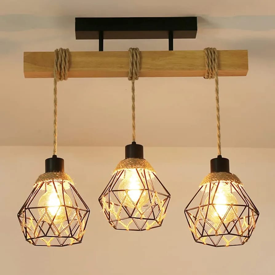 Rustic 3-Light Pendant Lamp with Rope Design – Industrial Hanging Ceiling Light
