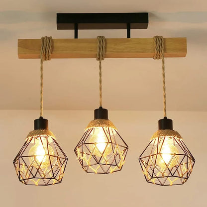 Rustic 3-Light Pendant Lamp with Rope Design – Industrial Hanging Ceiling Light