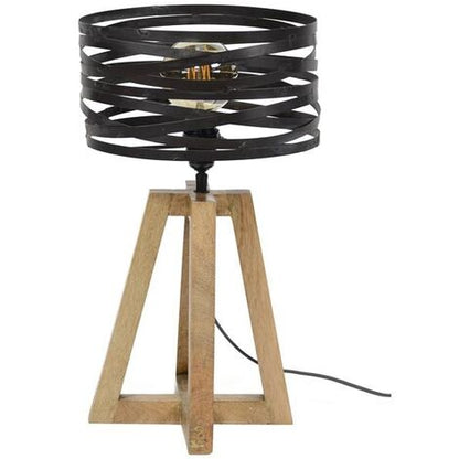 Rustic Wooden Table Lamp with Spiral Metal Shade – Modern Industrial Bedside Light