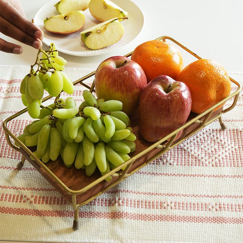 Gold Metal Serving Tray with Wooden Base – Decorative Countertop Organizer