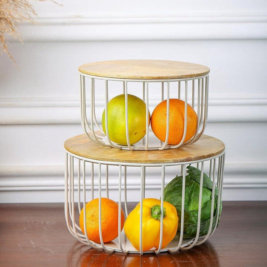 White Metal Fruit Basket Set with Wooden Lid – 2-Piece Storage Organizer
