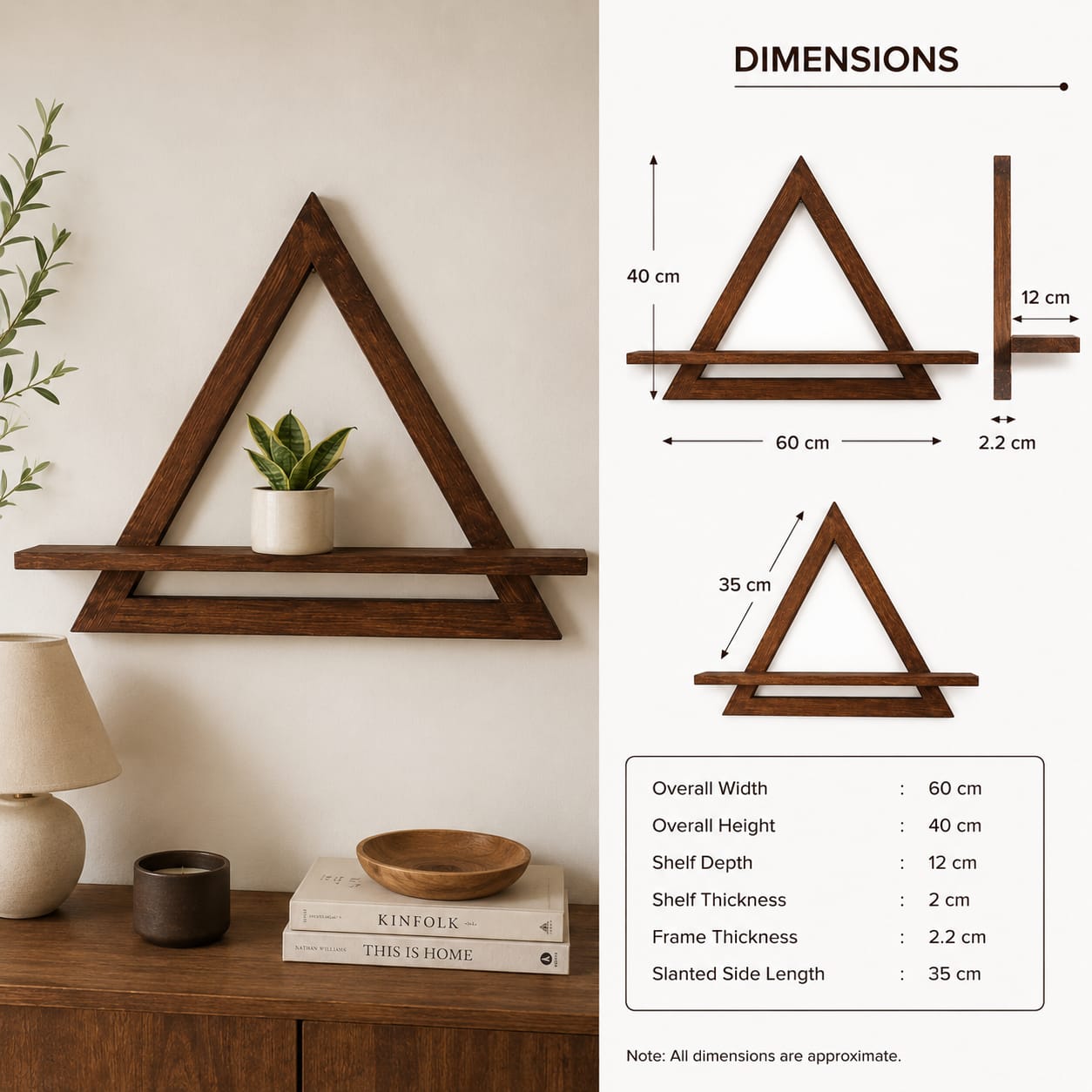 Modern Triangle Wooden Wall Shelf | Geometric Floating Shelf for Home Décor