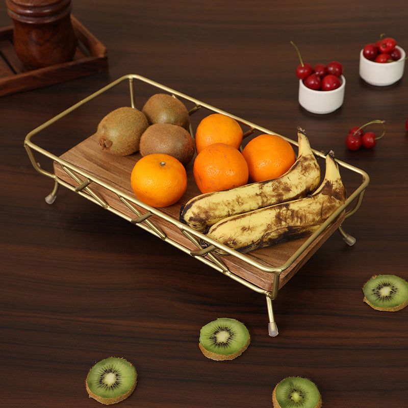 Gold Metal Serving Tray with Wooden Base – Decorative Countertop Organizer
