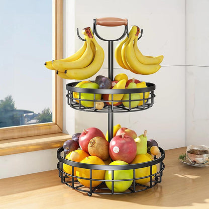 2-Tier Fruit Basket with Banana Hanger – Metal Kitchen Counter Organizer