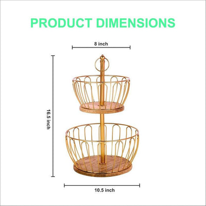 2-Tier Gold Fruit Basket with Wooden Base – Decorative Serving Stand