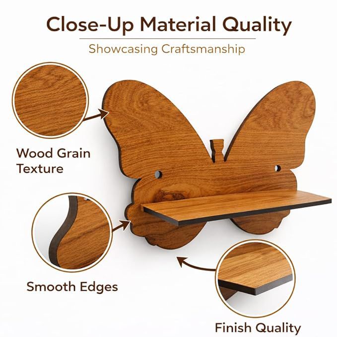 Butterfly-Shaped Wooden Wall Shelf | Decorative Floating Wall Shelf | Rustic Home Décor Display Rack