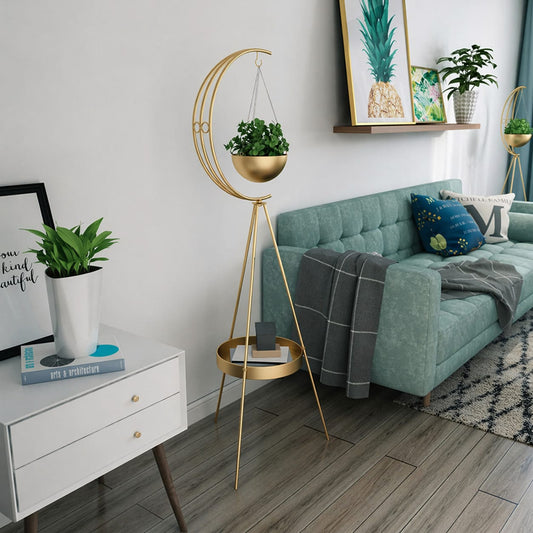 Premium Gold Finish Planter Stand with Elegant Hanging Pot – Perfect Modern Living Room Corner Decor for Stylish and Minimalist Homes
