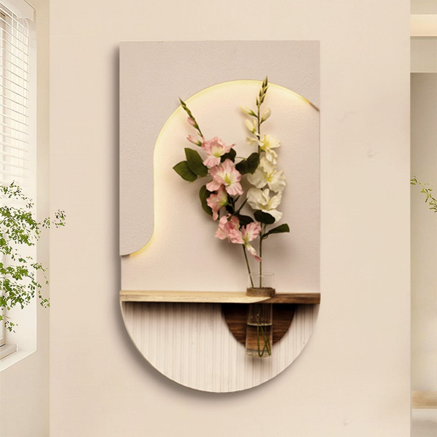 Modern LED Wall Shelf with Floral Vase Holder – Decorative Floating Wall Accent Shelf