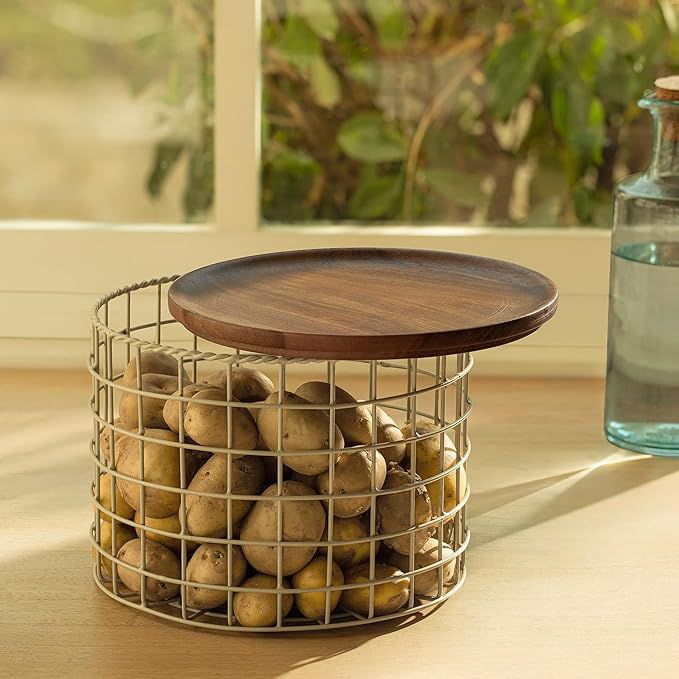 Metal Storage Basket with Wooden Lid – Multipurpose Kitchen Organizer