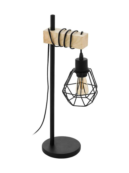 Vintage Industrial Table Lamp with Wooden Accent & Hanging Cage Bulb – Modern Bedside/Desk Light
