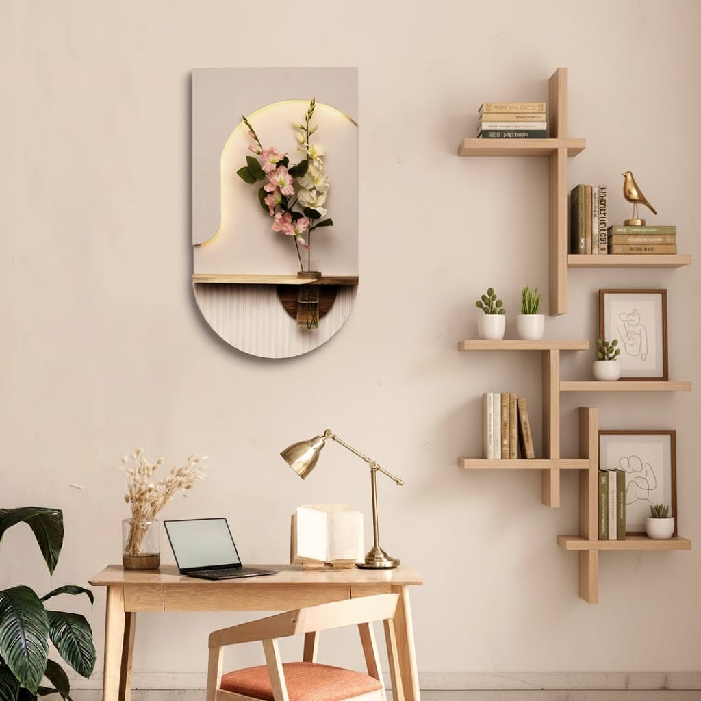 Modern LED Wall Shelf with Floral Vase Holder – Decorative Floating Wall Accent Shelf