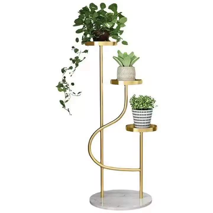 Luxury Gold 3-Tier Plant Stand – S Shape Metal Planter Stand with Marble Base