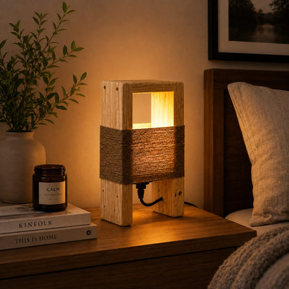 Rustic Wooden Table Lamp with Rope Design – Handmade Decorative Bedside Light