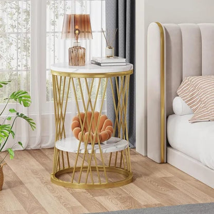 Modern Round Side Table with Marble Top & Gold Metal Frame