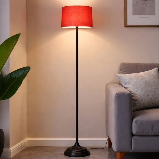 “Luxury Standing Floor Lamp with Red Fabric Shade – Stylish Light for Home Decor & Living Room