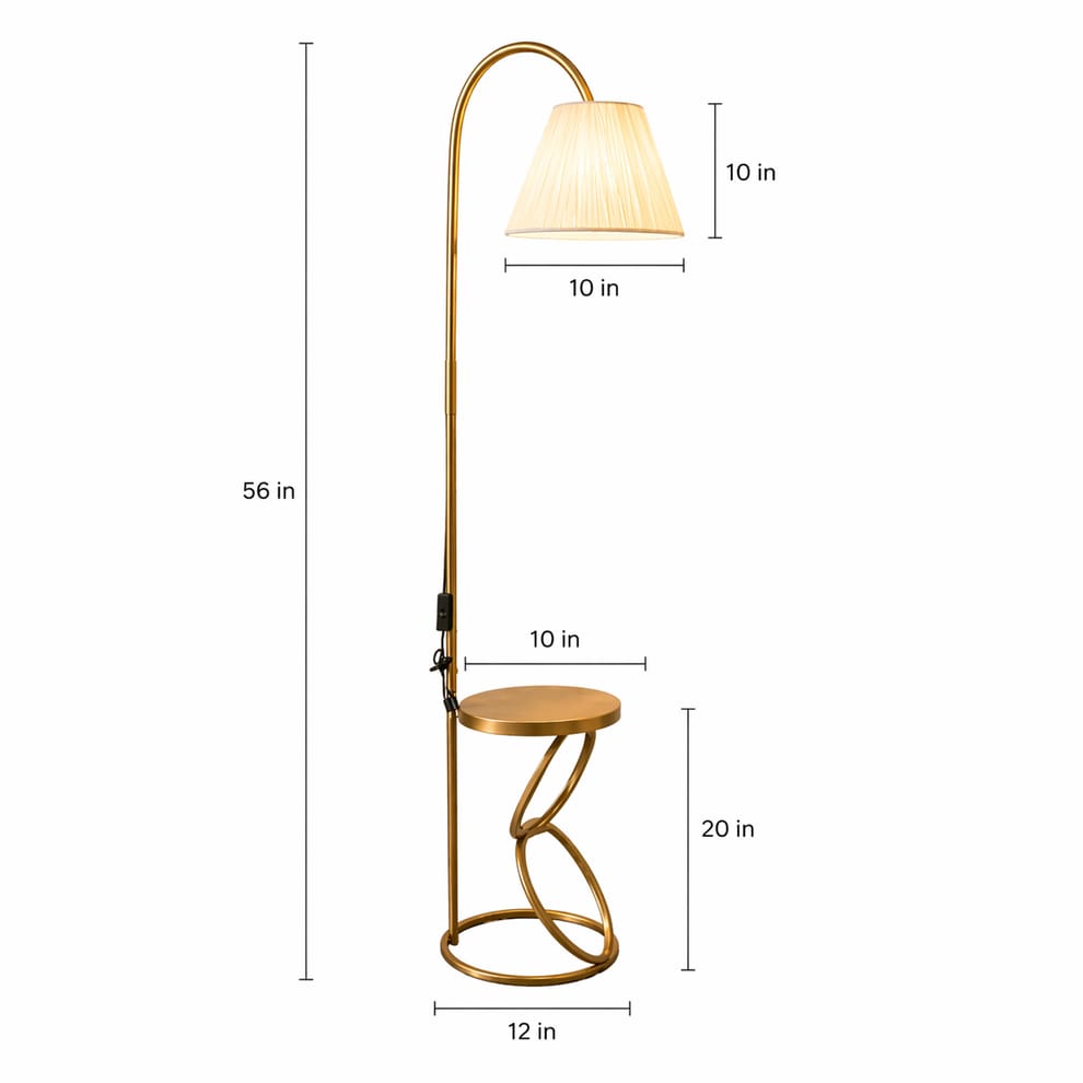 Modern Gold Floor Lamp with Table | Premium Fabric Shade | 56 Inch Standing Lamp