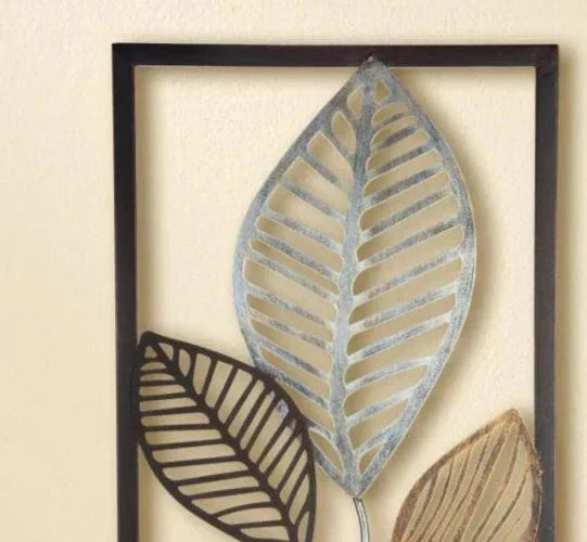 Metal Leaf Wall Relief – 2-Piece Nature-Inspired Wall Art with Gold, Silver & Brown Accents