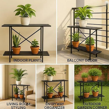 Industrial 2-Tier Metal Plant Stand Shelf | Multi-Purpose Flower Pot Display Rack | Indoor & Outdoor Plant Organizer