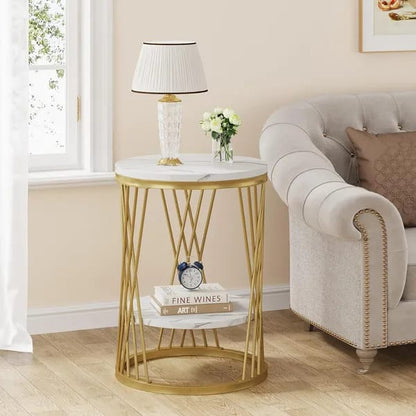 Modern Round Side Table with Marble Top & Gold Metal Frame