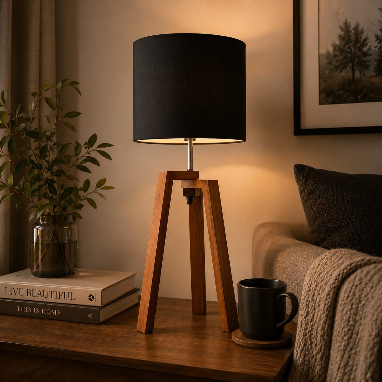Modern Wooden Tripod Table Lamp with Black Fabric Shade – Minimalist Bedside & Living Room Lamp