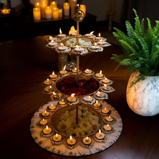 3-Tier Decorative Metal Urli Stand with Diya Holders | Luxury Festive Candle Bowl for Home Décor