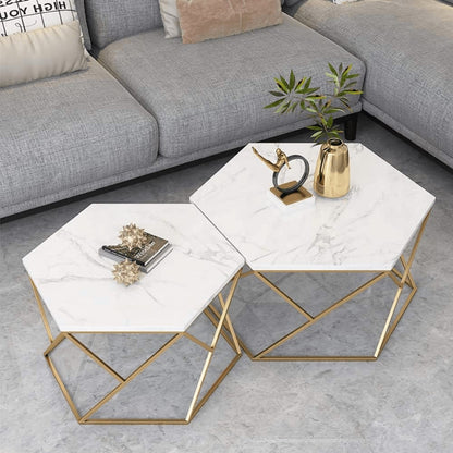 Modern wooden Top Nested Coffee Table Set with Gold Metal Frame (Set of 2)