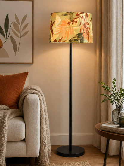 Modern Black Metal Pole Floor Lamp for Living Room, Tall Standing Lamp with Fabric Shade, Warm Ambient Lighting, Minimalist Lamp for Bedroom, Office, Reading Corner (Palm Leaf)