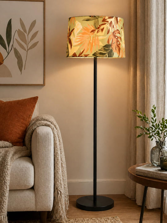Modern Black Metal Pole Floor Lamp for Living Room, Tall Standing Lamp with Fabric Shade, Warm Ambient Lighting, Minimalist Lamp for Bedroom, Office, Reading Corner (Palm Leaf)