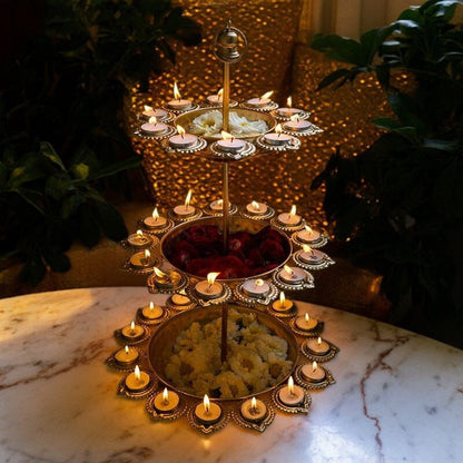 3-Tier Decorative Metal Urli Stand with Diya Holders | Luxury Festive Candle Bowl for Home Décor