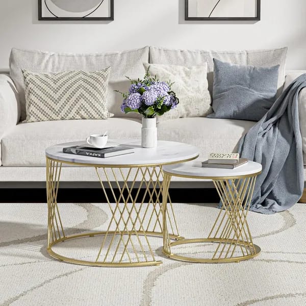 Modern Wooden Top Round Coffee Table Set with Gold Metal Frame (Set of 2)