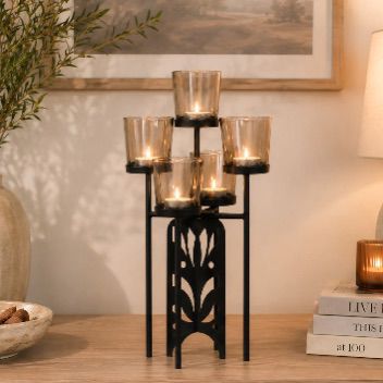 5-Light Metal Candle Holder with Glass Cups – Modern Tabletop Centerpiece