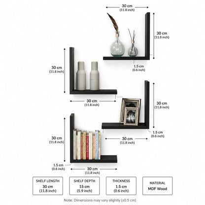 Set of 4 L-Shaped Floating Wall Shelves | MDF Wooden Corner Shelves for Living Room, Bedroom & Home Decor
