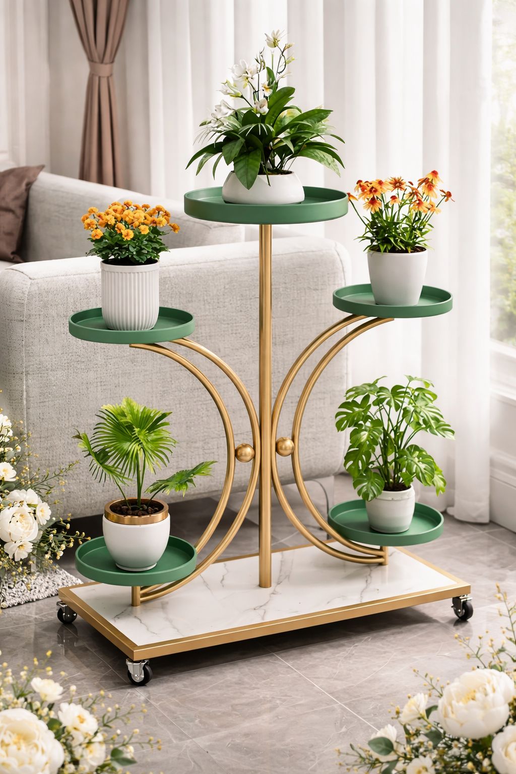 Luxury 5-Tier Gold Plant Stand with Wheels | Modern Decorative Flower Pot Rack | Multi-Level Indoor Plant Display Shelf