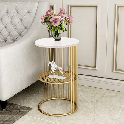 Designer Art Golden Half Caged White with wooden Marble finish Coffee Round Side Table