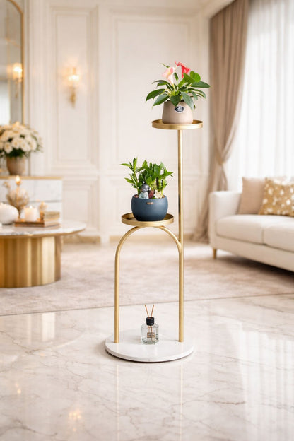 Modern 2-Tier Gold Metal Plant Stand | Luxury Flower Pot Holder with Marble Base | Decorative Indoor Plant Display Rack