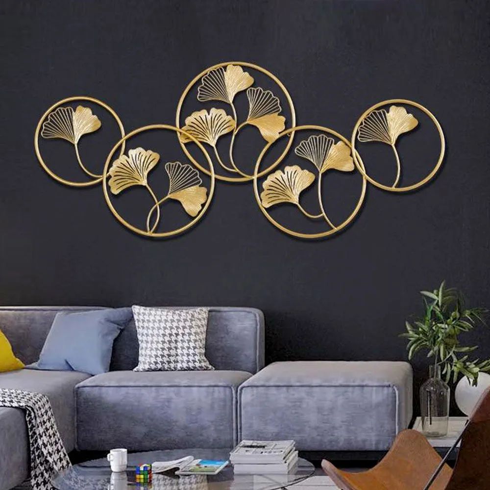 Luxury Golden Ginkgo Leaf Metal Wall Art | Modern Circular Wall Hanging Décor | Elegant Living Room Wall Decoration